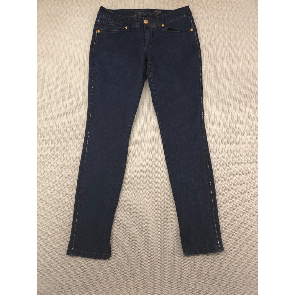 Seven 7 Skinny Jeans Womens 6 Blue Denim Dark Wash 32 Waist Jeweled Slim